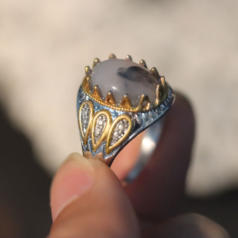 Bague pour homme en or avec pierre de lune et totem d'encre Olivenorma