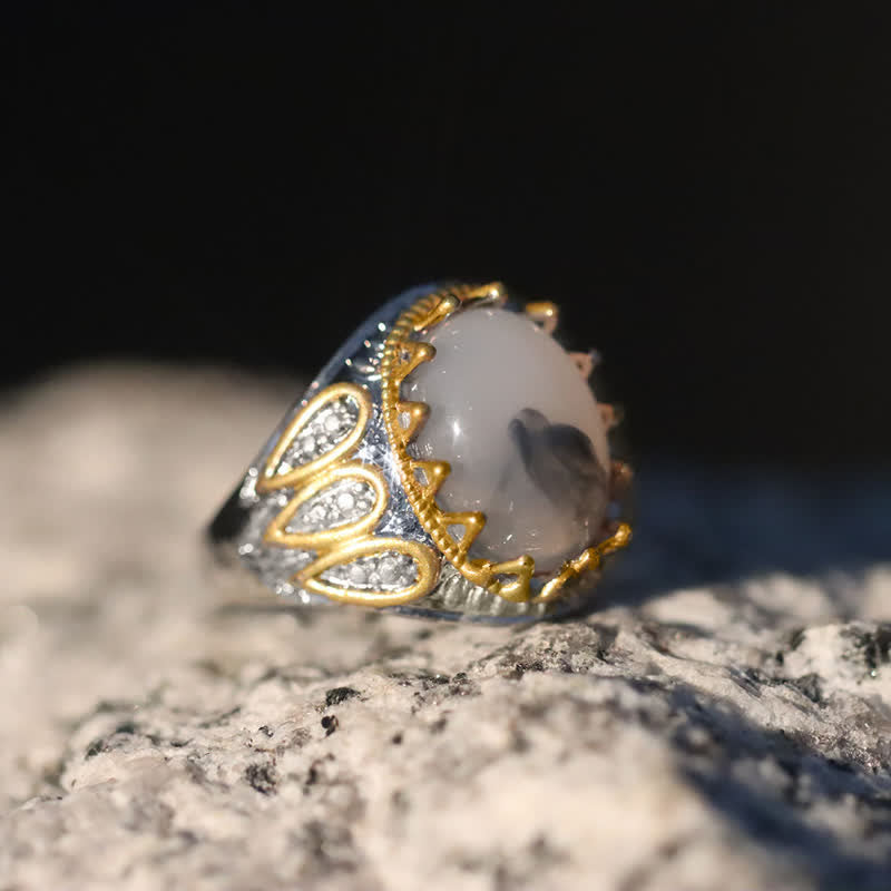 Bague pour homme en or avec pierre de lune et totem d'encre Olivenorma