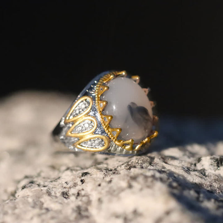 Bague pour homme en or avec pierre de lune et totem d'encre Olivenorma