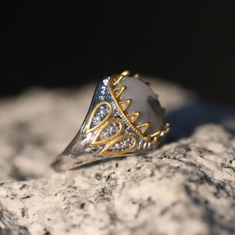 Bague pour homme en or avec pierre de lune et totem d'encre Olivenorma