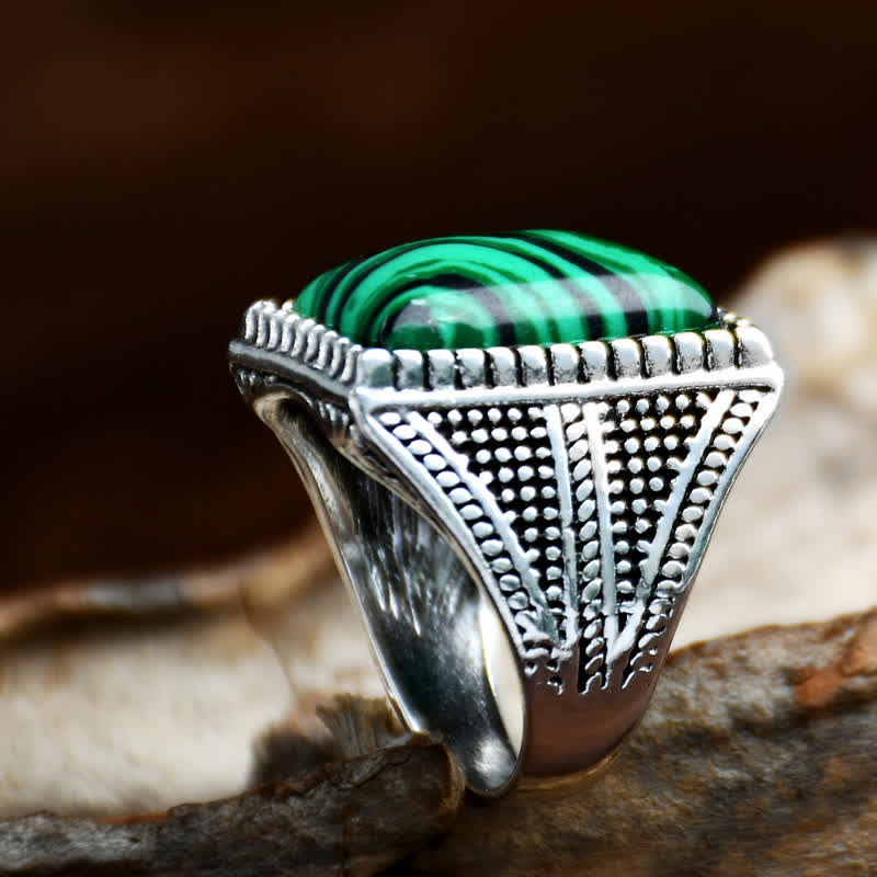 Bague homme en argent antique avec malachite carrée Olivenorma
