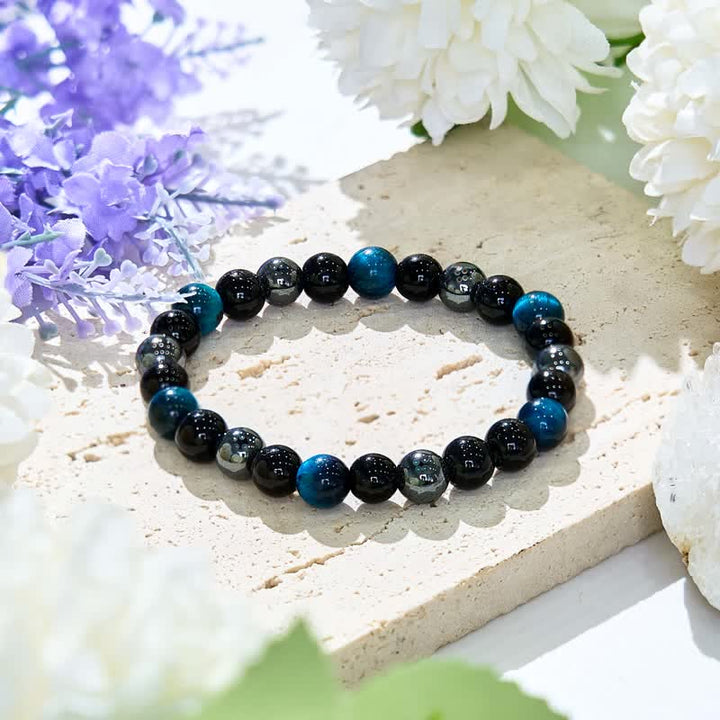 Bracelet de perles en hématite et obsidienne œil de tigre bleu Olivenorma