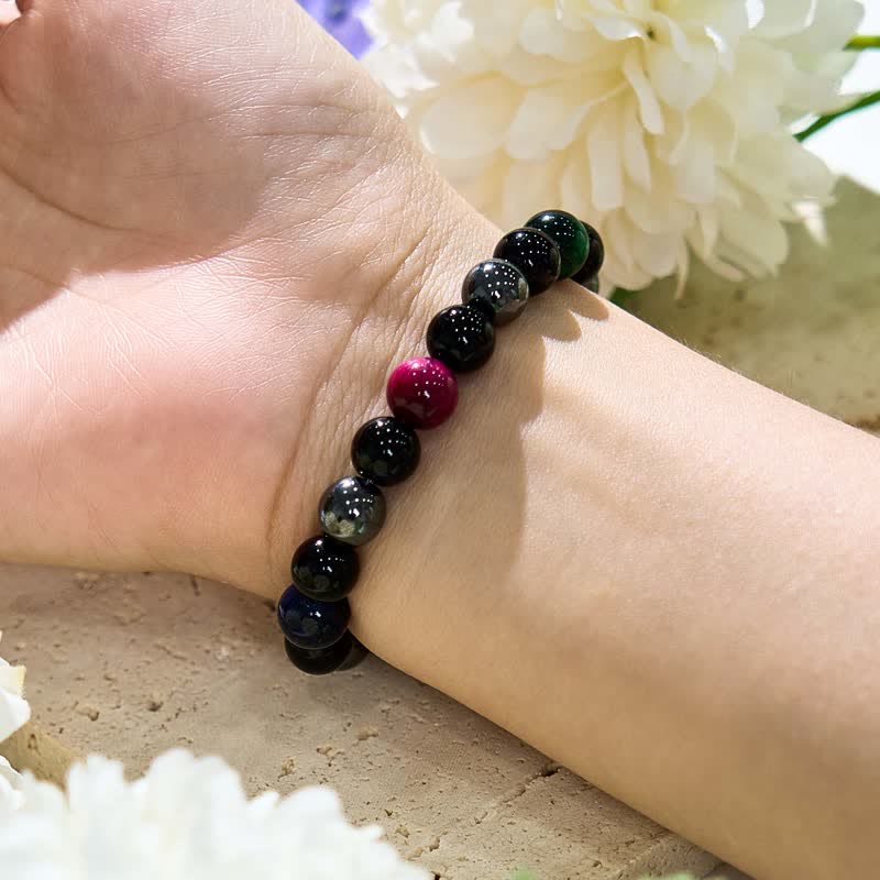 Bracelet de perles en hématite et obsidienne de œil de tigre multicolore Olivenorma
