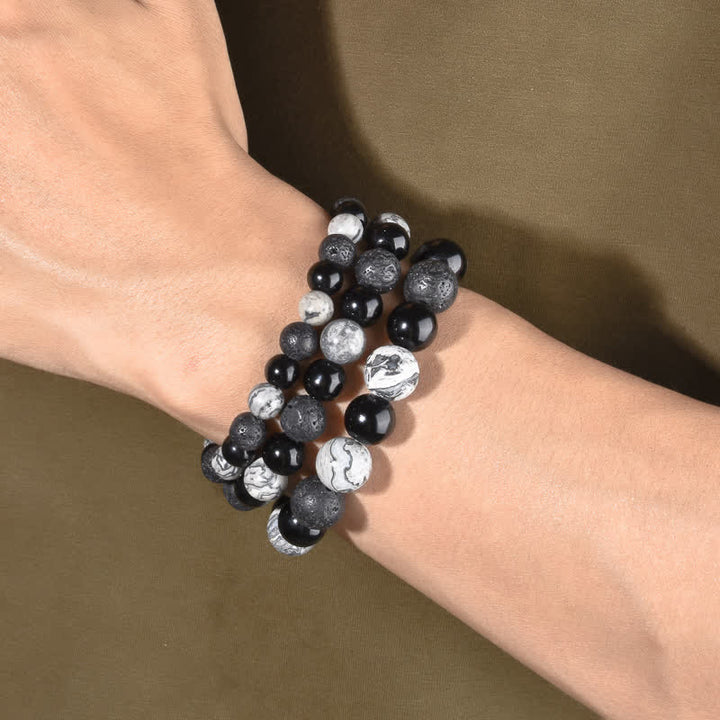 Bracelet de perles en pierre de lave obsidienne et jaspe gris Olivenorma