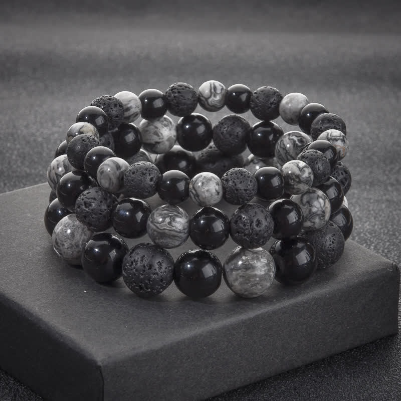Bracelet de perles en pierre de lave obsidienne et jaspe gris Olivenorma
