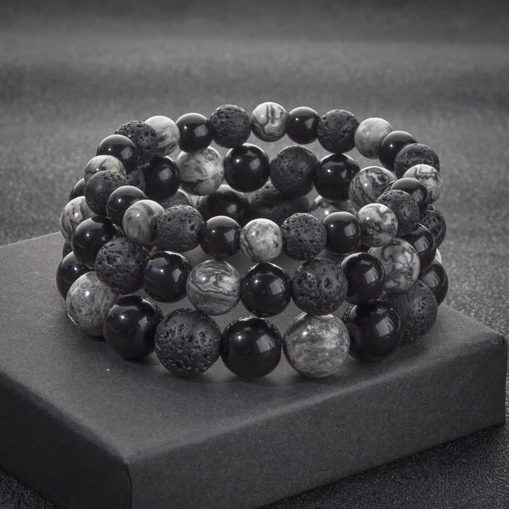 Bracelet de perles en pierre de lave obsidienne et jaspe gris Olivenorma