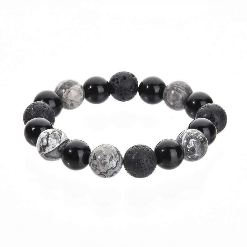 Bracelet de perles en pierre de lave obsidienne et jaspe gris Olivenorma