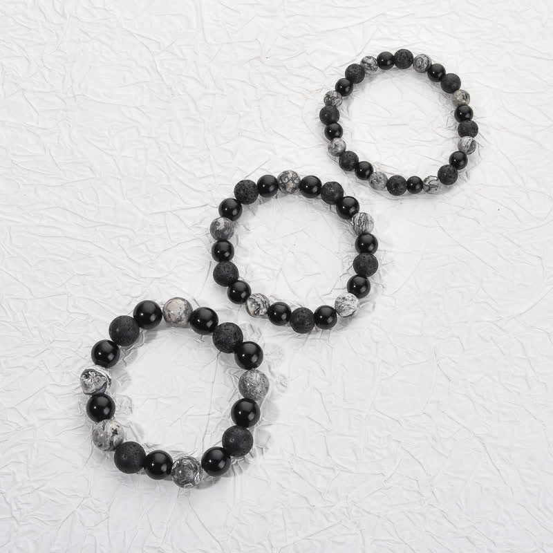 Bracelet de perles en pierre de lave obsidienne et jaspe gris Olivenorma