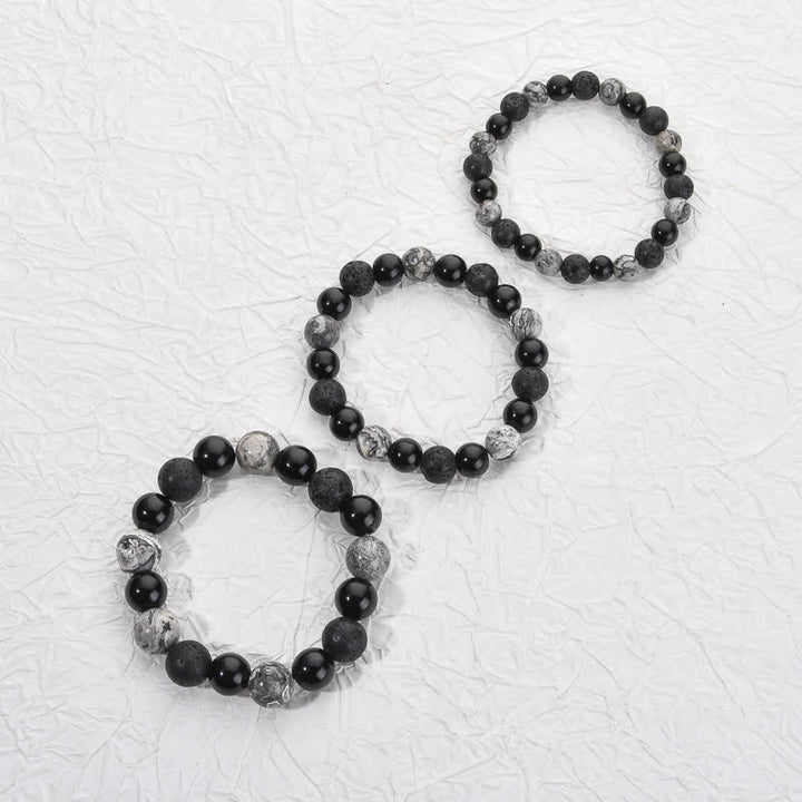 Bracelet de perles en pierre de lave obsidienne et jaspe gris Olivenorma