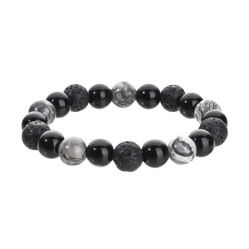 Bracelet de perles en pierre de lave obsidienne et jaspe gris Olivenorma