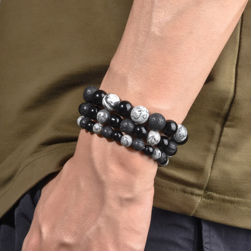 Bracelet de perles en pierre de lave obsidienne et jaspe gris Olivenorma