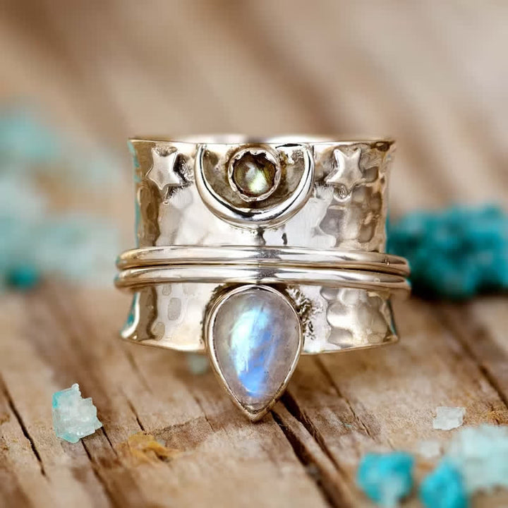 Bague large en pierre de lune bohème Olivenorma avec étoile et lune