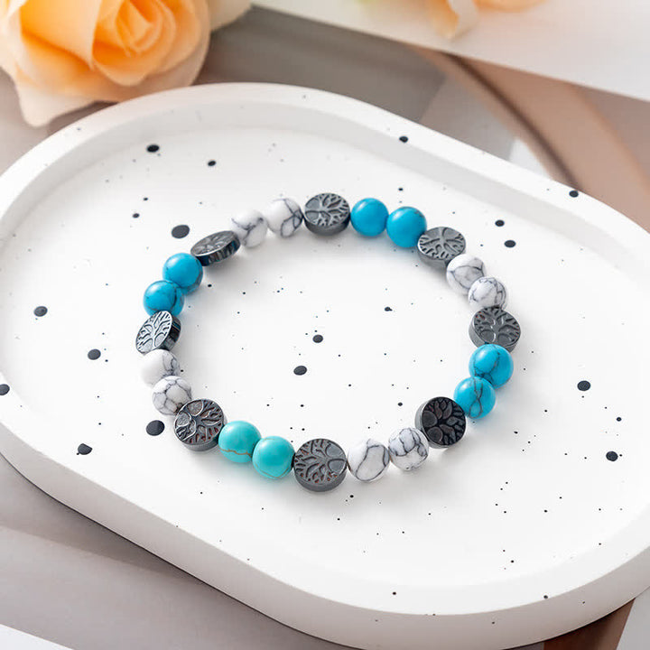 Bracelet en perles en métal avec plaque en pierre naturelle et arbre de vie Olivenorma