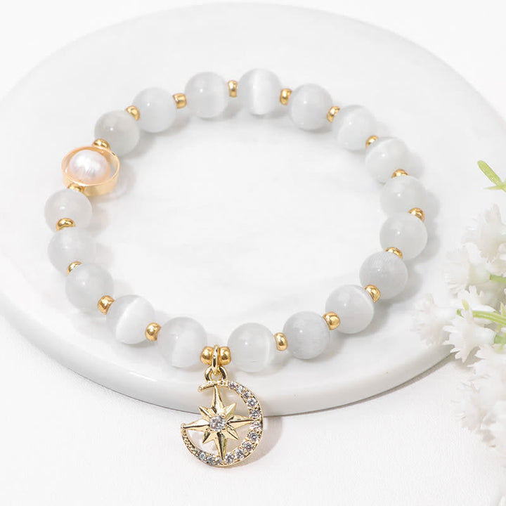 Bracelet pendentif lune et étoile en pierre œil de chat Olivenorma