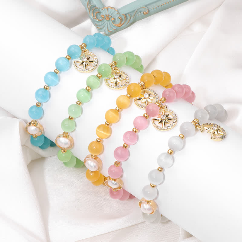 Bracelet pendentif lune et étoile en pierre œil de chat Olivenorma