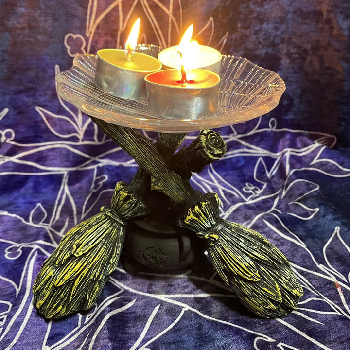 Bougeoir en cristal avec balai de sorcière magique Olivenorma pour décoration de bureau