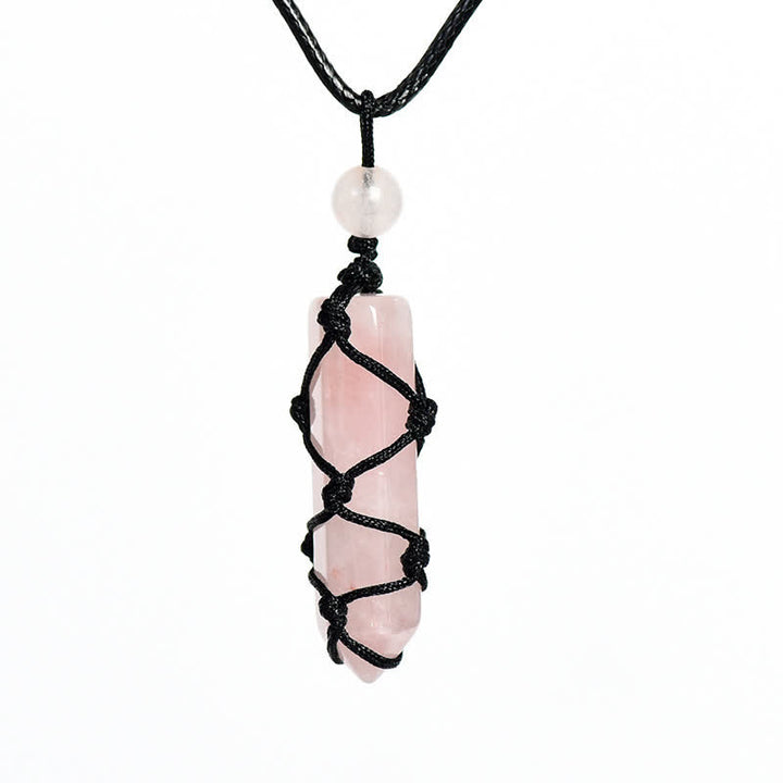 Collier pendentif en forme de nœud de sac en filet tissé à colonne de cristal Olivenorma