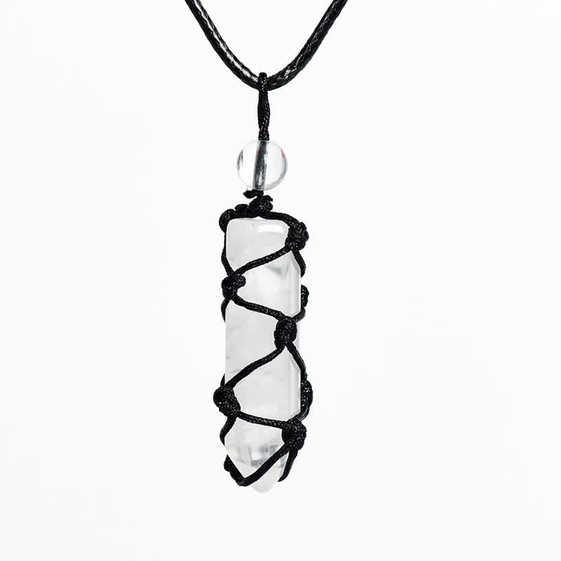 Collier pendentif en forme de nœud de sac en filet tissé à colonne de cristal Olivenorma