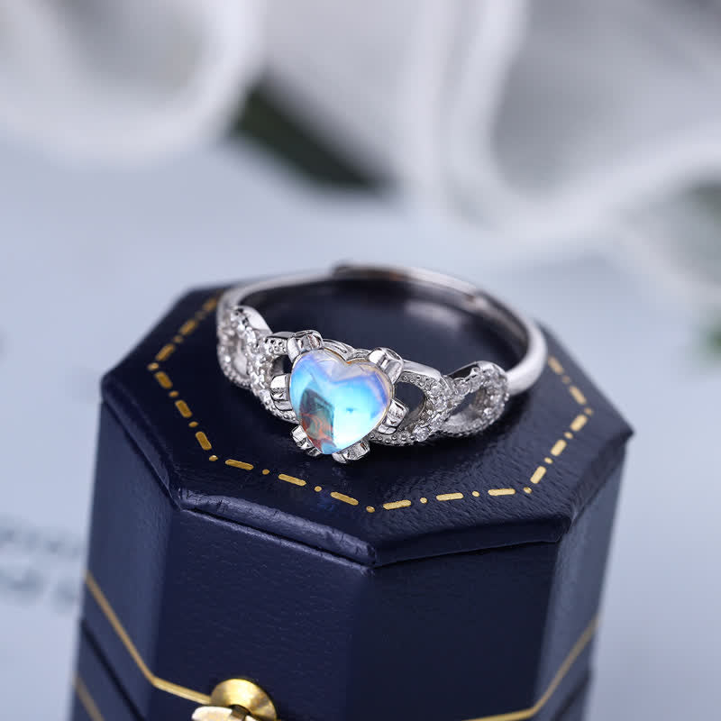 Bague ajustable ouverte en argent sterling avec pierre de lune en forme de cœur Olivenorma