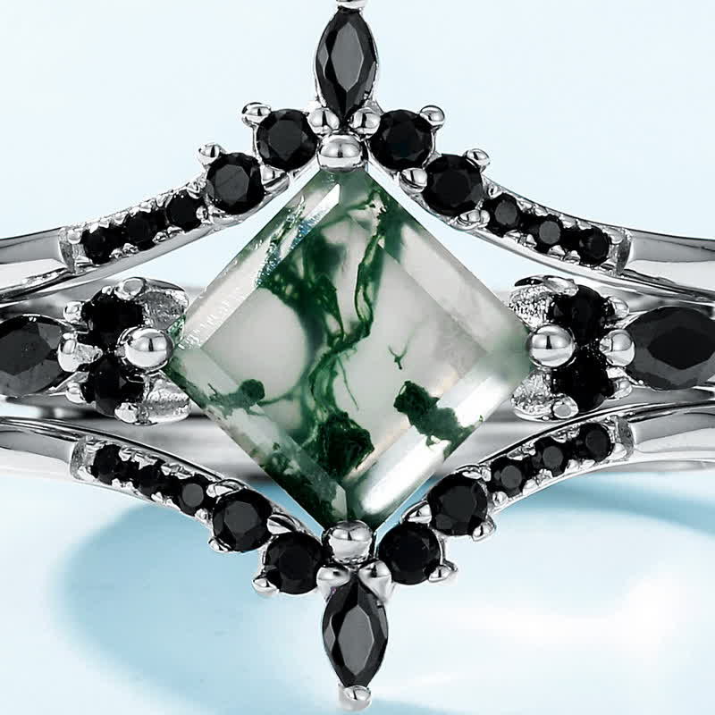 Bague en obsidienne et agate mousse en forme de couronne Olivenorma 3 pièces