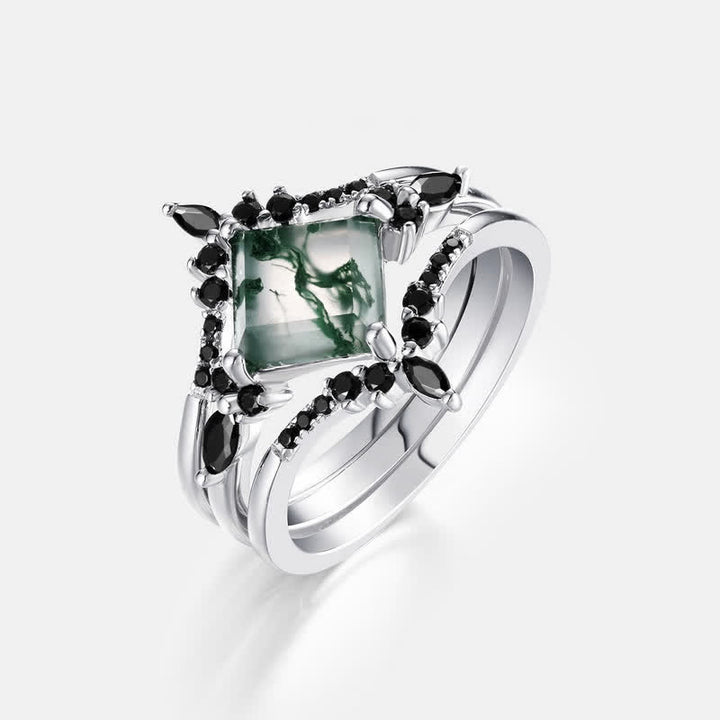 Bague en obsidienne et agate mousse en forme de couronne Olivenorma 3 pièces