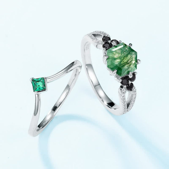 Olivenorma Lot de 2 bagues en agate mousse en forme de couronne