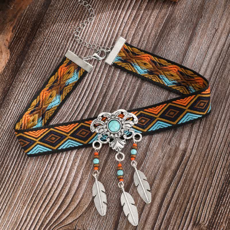 Collier pendentif turquoise en corde de coton tressé style bohème Olivenorma