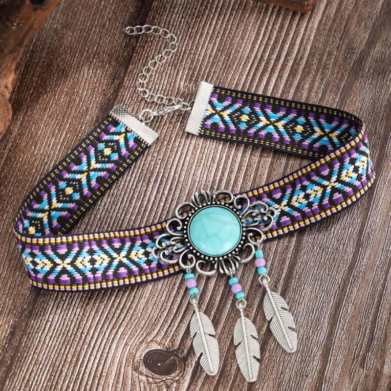 Collier pendentif turquoise en corde de coton tressé style bohème Olivenorma