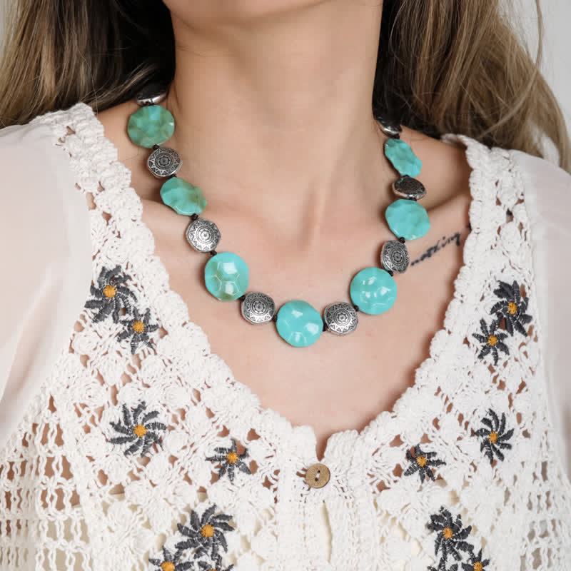 Collier rétro bohème exagéré en alliage turquoise Olivenorma