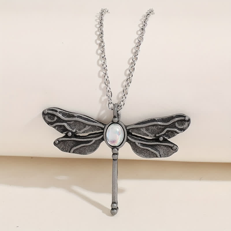Collier pendentif libellule en pierre de lune incrustée Olivenorma en alliage