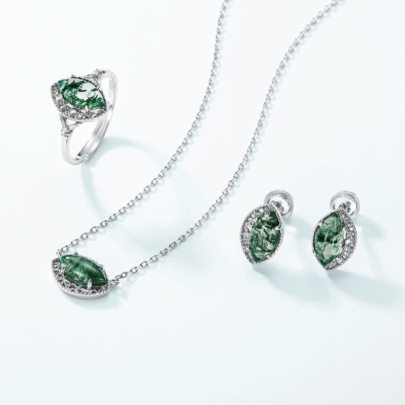 Ensemble de bijoux avec boucles d'oreilles, collier et bague en agate mousse argentée Olivenorma