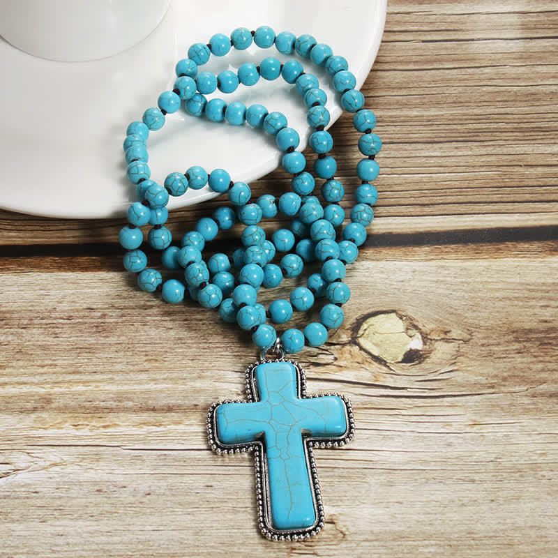 Collier pendentif croix turquoise bleu blanc 8 mm Olivenorma