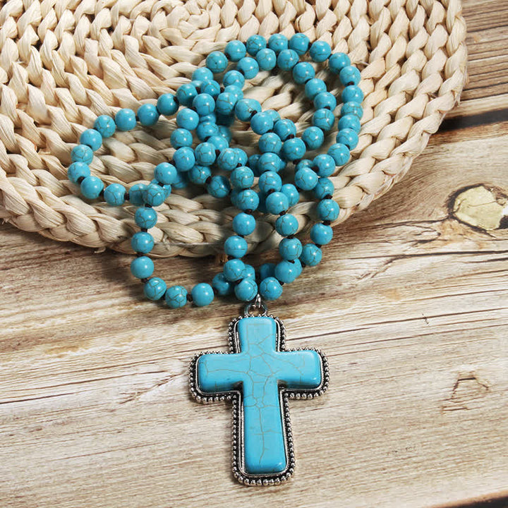 Collier pendentif croix turquoise bleu blanc 8 mm Olivenorma