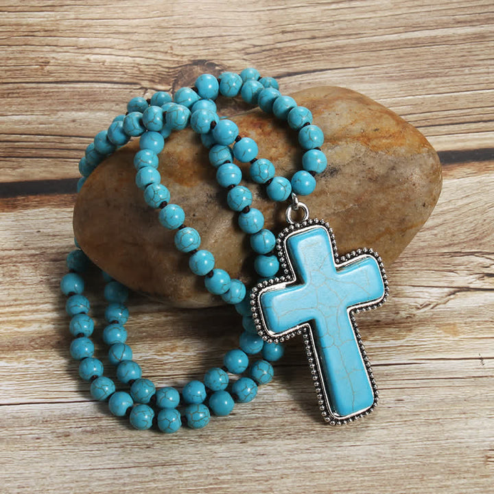 Collier pendentif croix turquoise bleu blanc 8 mm Olivenorma