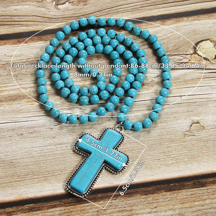 Collier pendentif croix turquoise bleu blanc 8 mm Olivenorma