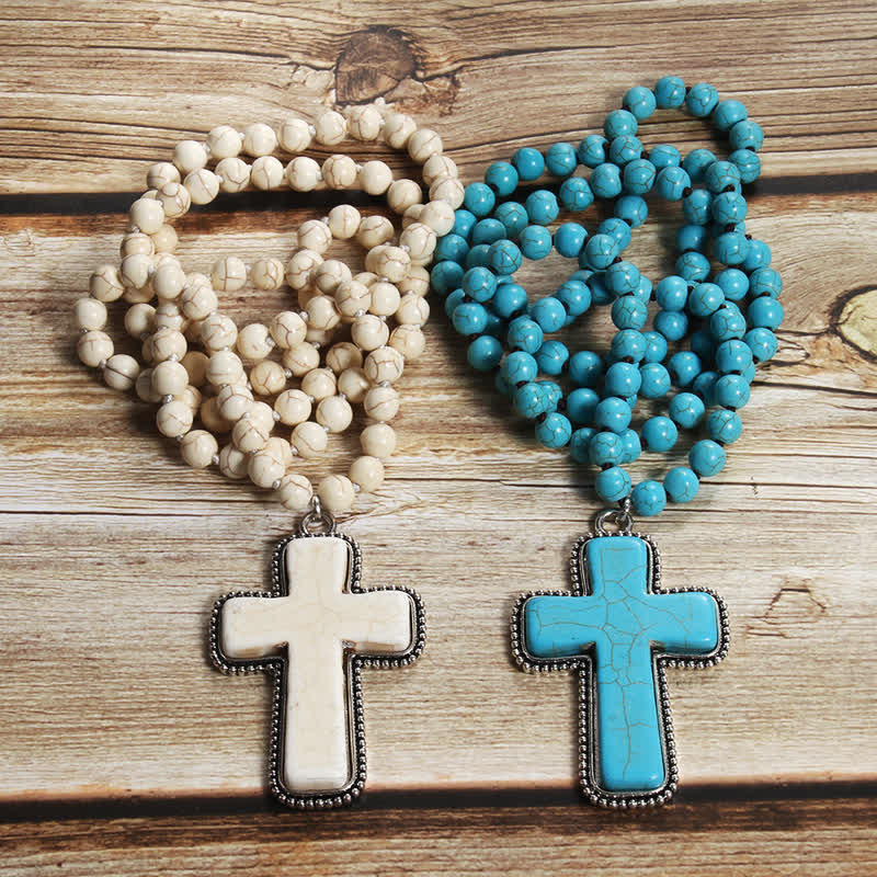 Collier pendentif croix turquoise bleu blanc 8 mm Olivenorma