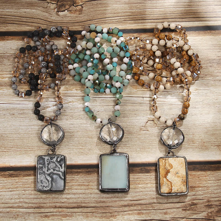 Collier pendentif carré en perles de pierre naturelle Olivenorma