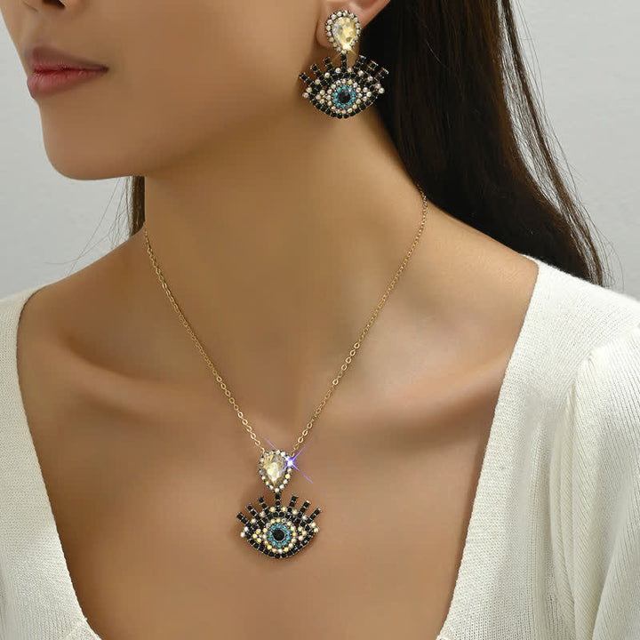 Ensemble de bijoux avec collier et boucles d'oreilles contre le mauvais œil bleu et noir Olivenorma