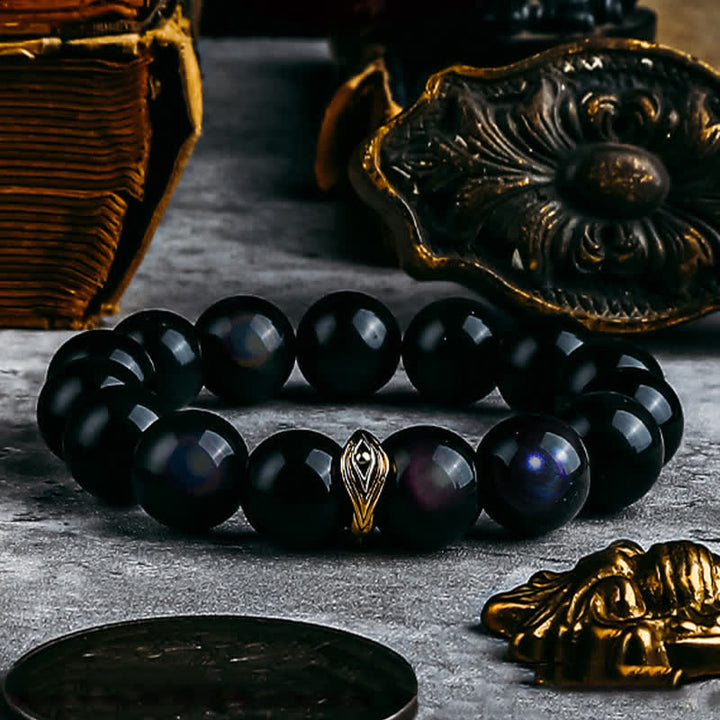 Bracelet de perles contre le mauvais œil en obsidienne naturelle en or et argent Olivenorma