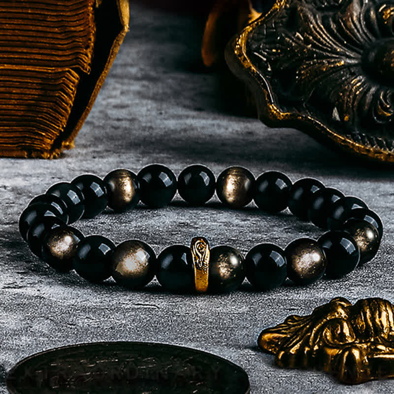 Bracelet de perles contre le mauvais œil en obsidienne naturelle en or et argent Olivenorma