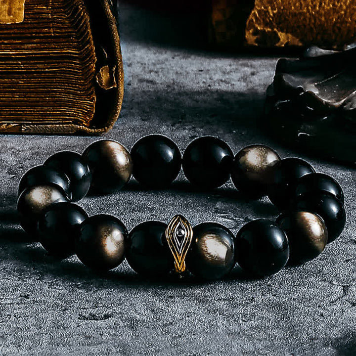 Bracelet de perles contre le mauvais œil en obsidienne naturelle en or et argent Olivenorma