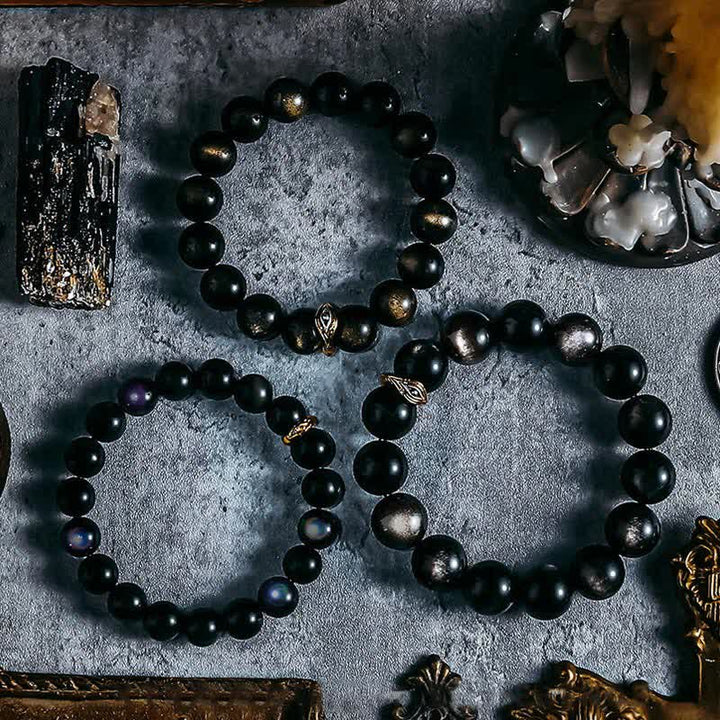 Bracelet de perles contre le mauvais œil en obsidienne naturelle en or et argent Olivenorma