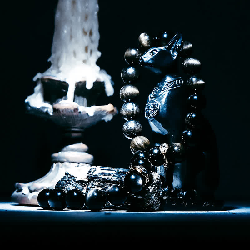 Bracelet de perles contre le mauvais œil en obsidienne naturelle en or et argent Olivenorma