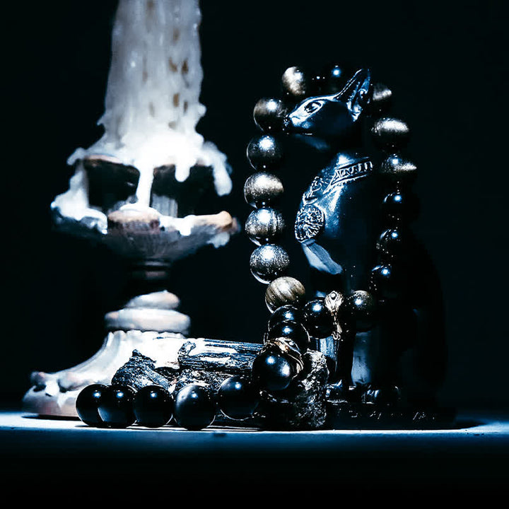 Bracelet de perles contre le mauvais œil en obsidienne naturelle en or et argent Olivenorma