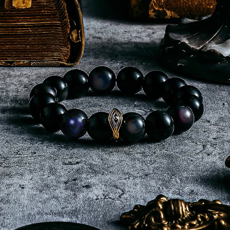 Bracelet de perles contre le mauvais œil en obsidienne naturelle en or et argent Olivenorma