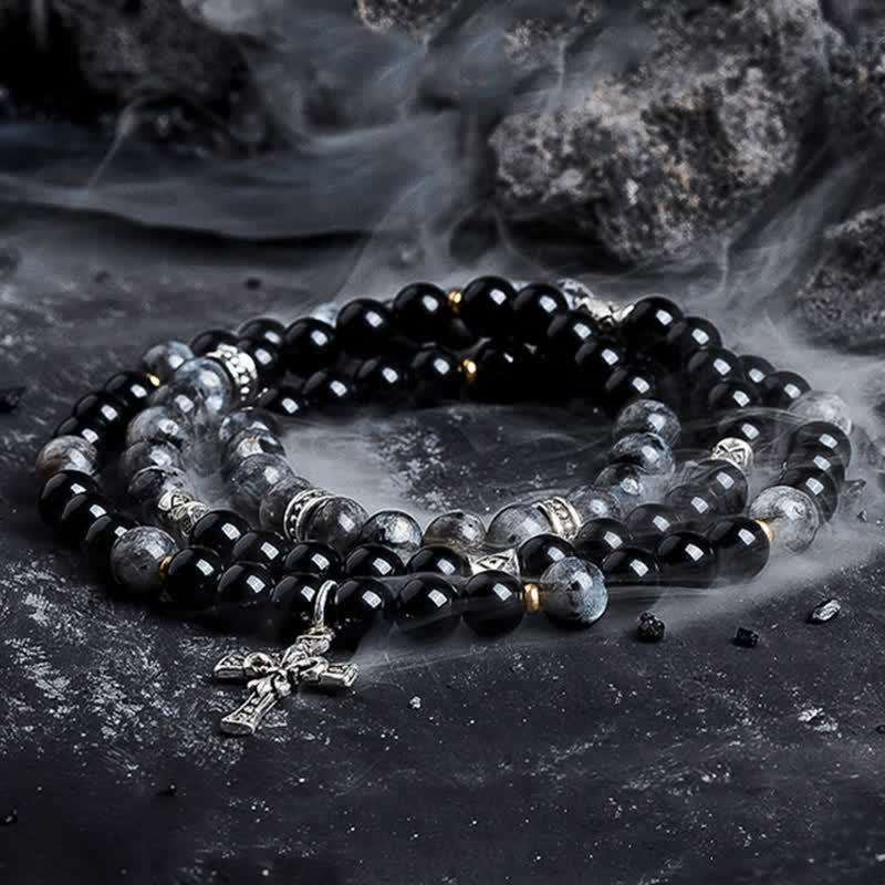 Bracelet de perles pour homme en pierre de lave et labradorite noire Olivenorma