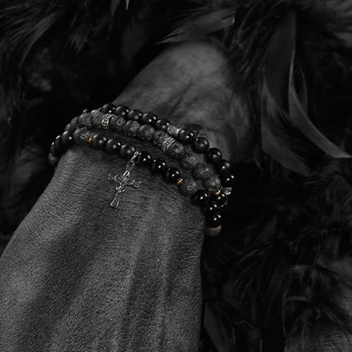 Bracelet de perles pour homme en pierre de lave et labradorite noire Olivenorma