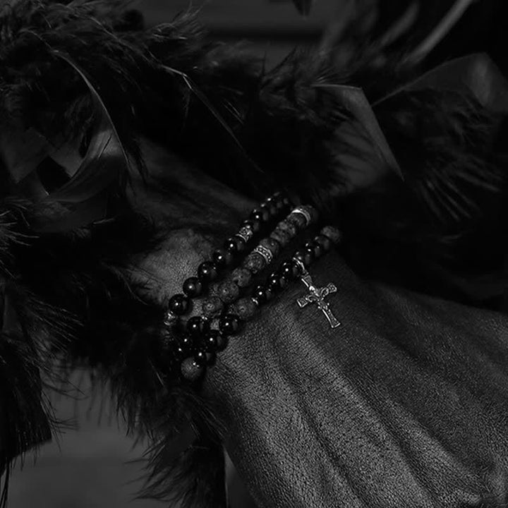 Bracelet de perles pour homme en pierre de lave et labradorite noire Olivenorma