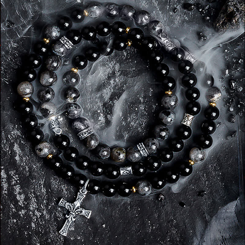 Bracelet de perles pour homme en pierre de lave et labradorite noire Olivenorma