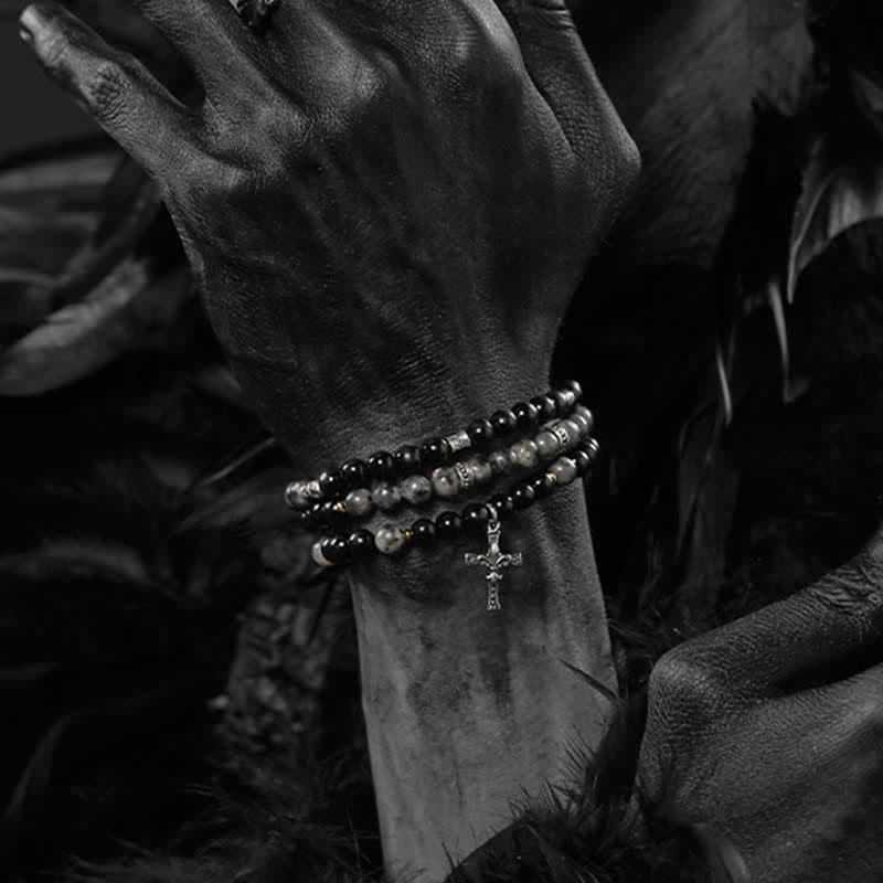 Bracelet de perles pour homme en pierre de lave et labradorite noire Olivenorma